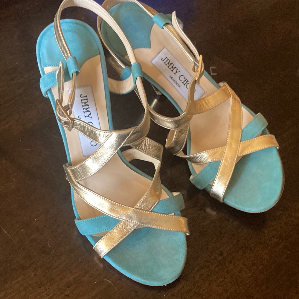 Jimmy Choo. 4” Teal-Gold. Metallic. Adjustable strap. Comfortable. Size 37